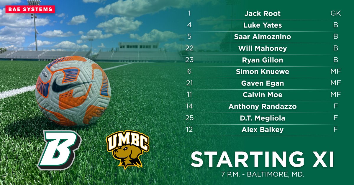 Binghamton's starting XI is set to take on the UMBC Retrievers tonight at 7 p.m. in Baltimore! Let's go, Bearcats! #AEMSOC