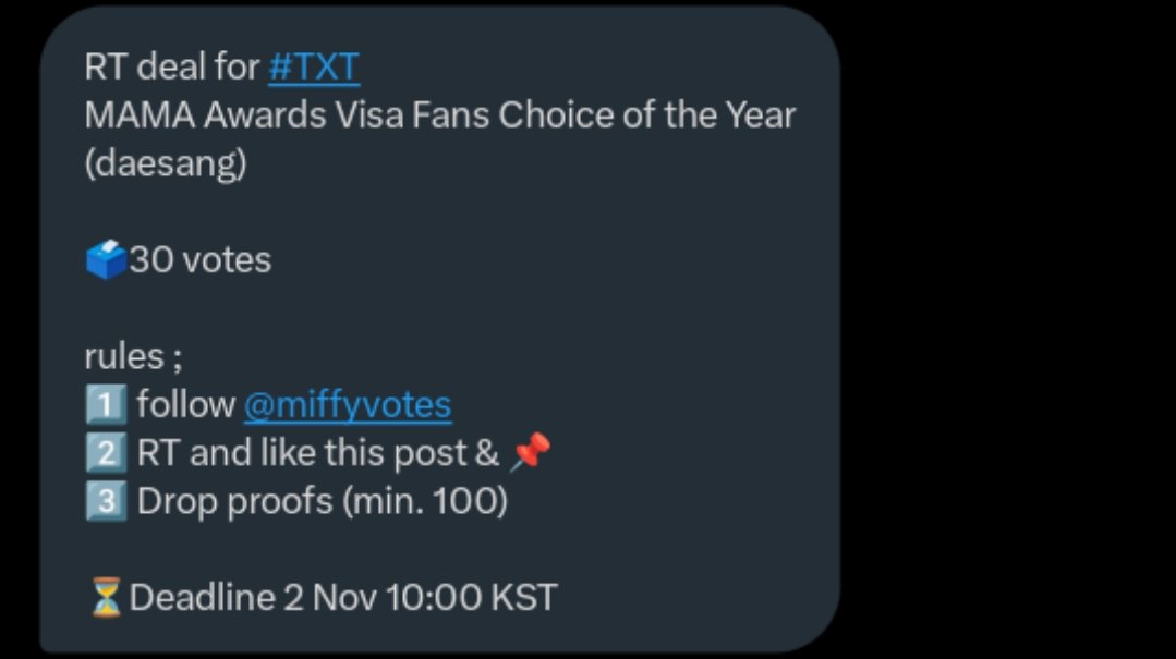 flosrky's tweet photo. RT deal for #TXT

MAMA Awards Visa Fans Choice of the Year (daesang)

30 votes

rules;

1. Follow @miffyvotes
2. RT and like this post &amp; 📌
3.Drop proofs (min. 100)

Deadline 2 Nov 10:00 KST https://t.co/3sG80YDc8y