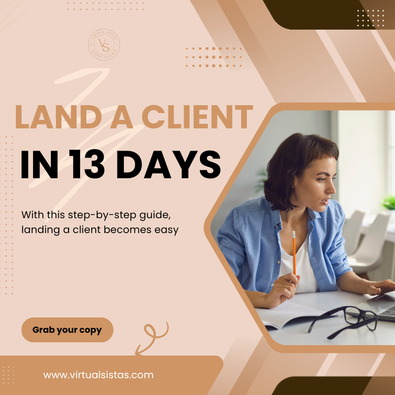 virtualsistas's tweet image. ✨ Land a Client in 13 Days! ✨  

Have you been an assistant for a while but haven&apos;t had much luck landing clients? 

Are you tired of lowering your standards in order to land clients?

Grab your copy at virtualsistas.com!

#CREVAs #VirtualSistas #CRESupportServices