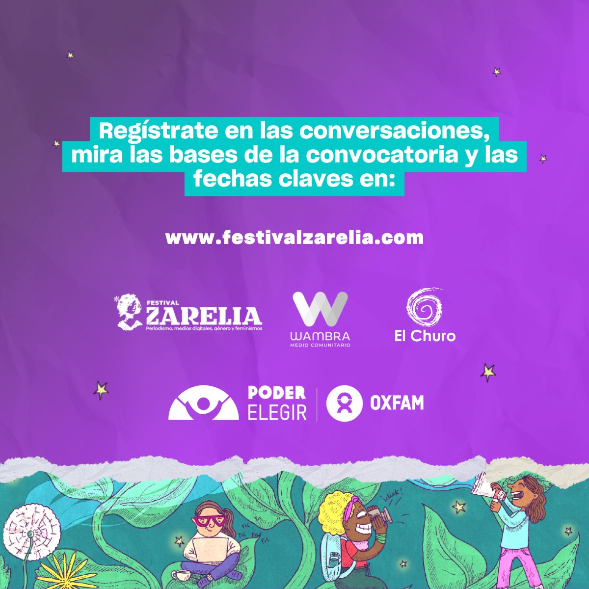 Esta convocatoria tiene 2 partes:
1. Conversaciones digitales para entrelazarnos
2. Beca para alianzas de co-creación en periodismo feminista, con un impulso de 1.000 USD

➡️Toda la información en: festivalzarelia.com
<a href="/elchuro/">El Churo Comunicación</a> <a href="/FestivalZarelia/">Festival Zarelia</a> <a href="/wambraEc/">Wambra Medio Comunitarioᅠ</a>