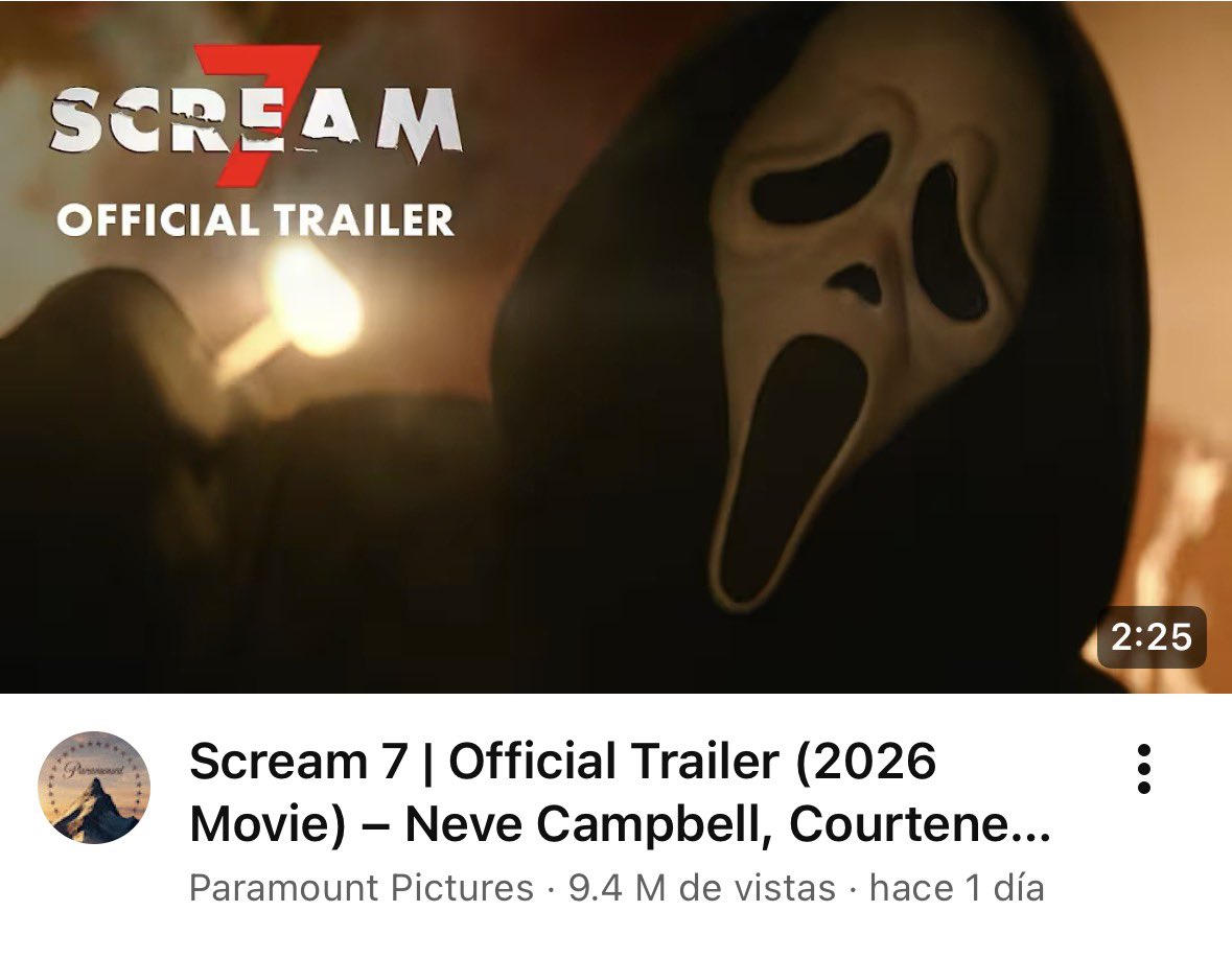 El tráiler de Scream 7 acumula solo en el canal principal de Paramount casi 10M de vistas en 1 día con conversación en todas las redes sociales. Supera con creces las views del tráiler de Scream 6 en el mismo periodo de tiempo.