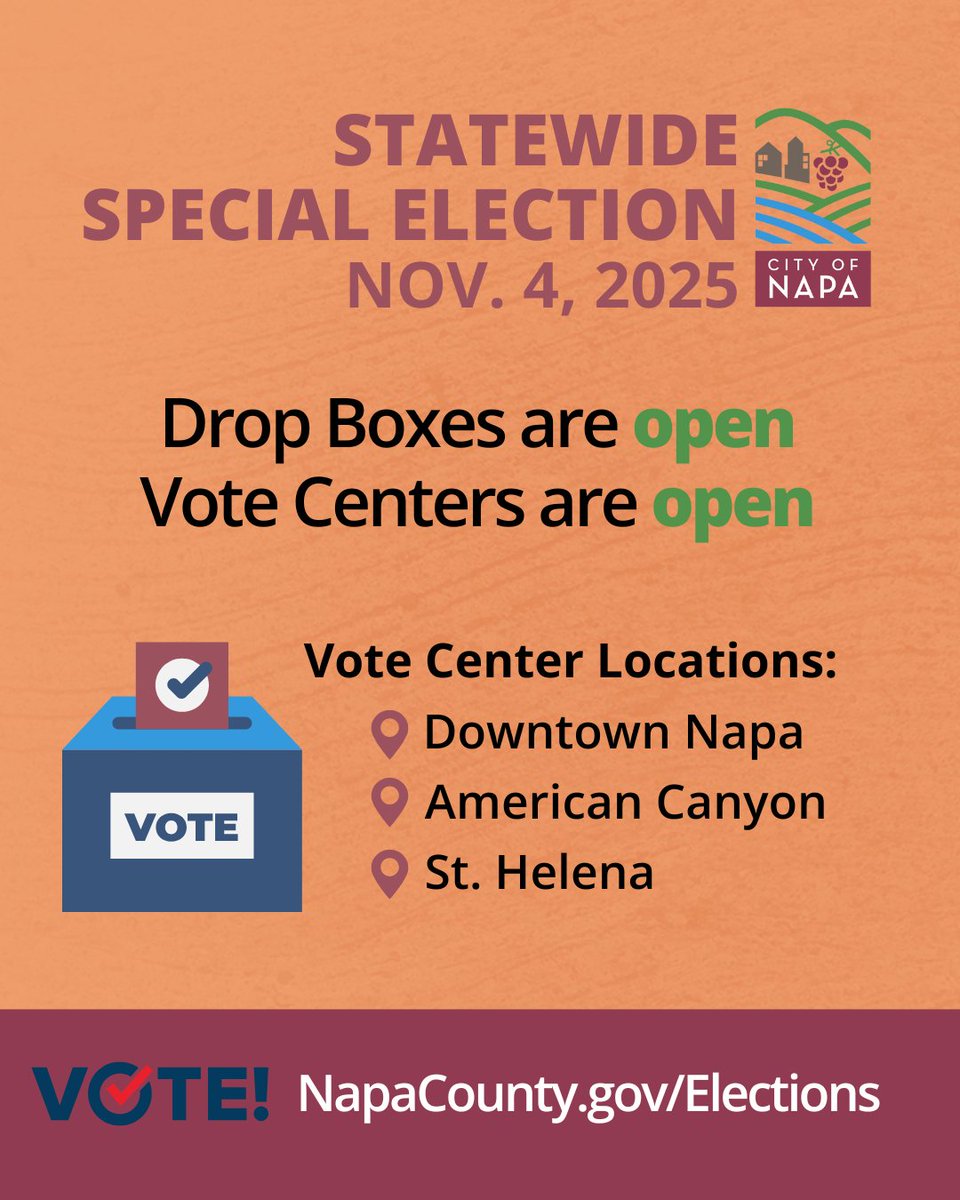 [para español👇] 🗳️ Ready, Set, Vote!

Statewide Special Election — November 4, 2025

Here’s what you need to know right now:

📦 Drop boxes are open: return your ballot by 8 p.m. on November 4
🏛️ Vote Centers are open: voters can vote in person until 8 p.m. on November 4 (voters
