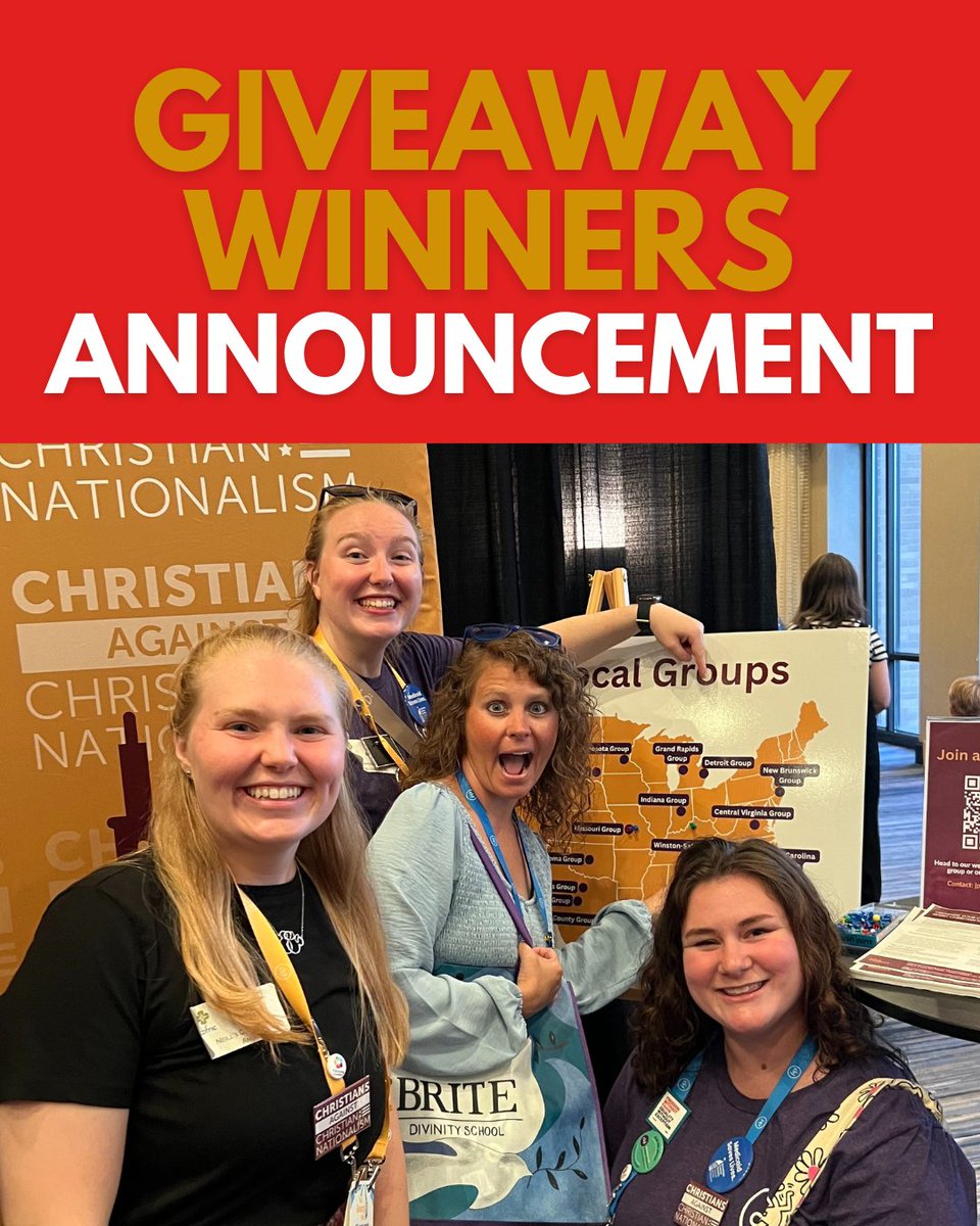 CACNationalism's tweet photo. 📚BOOK GIVEAWAY WINNERS! 📚

Thank you to everyone who entered our latest How to End Christian Nationalism giveaway.

Didn’t win this time? You can still get your copy wherever you purchase books.
@AmandaTylerBJC @Broadleaf_Books
#EndChristianNationalism #FaithFreedomForAll https://t.co/7MtyY6tQPK