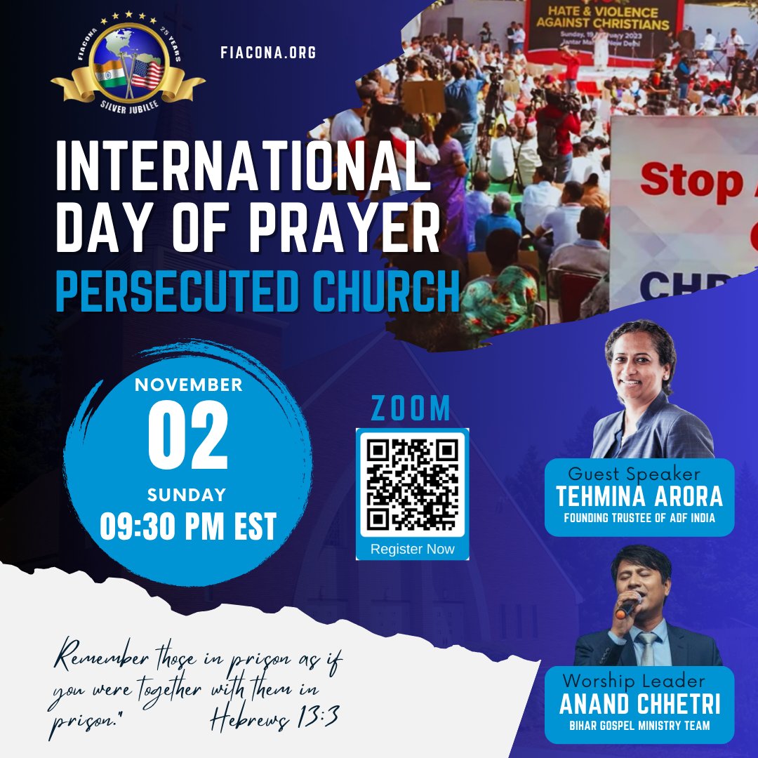 Fiacona_us's tweet photo. The International Day of Prayer (IDOP) 2025 is fast approaching🙏. Join us as we lift our voices and hearts in unity for our persecuted brothers and sisters in India. Register today by scanning the QR code and show your love, faith, and support for the persecuted Church. #internationaldayofprayer #persecutedchristians #religiouspersecution #fiacona