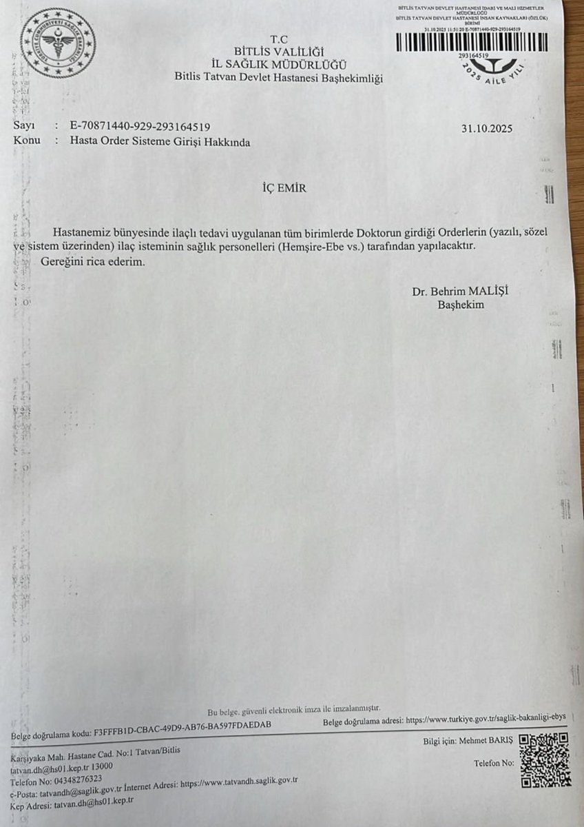 Bitlis Tatvan Devlet Hastanesi Başhekimi Behrim Malişi’nin Yasalara Aykırı Emiri