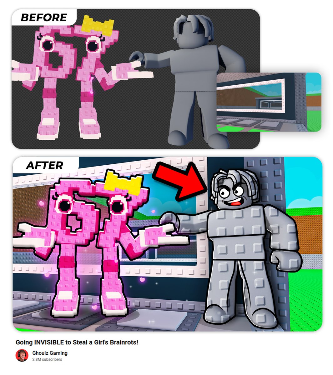 easkateconcepts's tweet image. Steal A Brainrot Roblox thumbnail for @GhoulzOfficial! 

before &amp;amp; after✏️

#robloxart