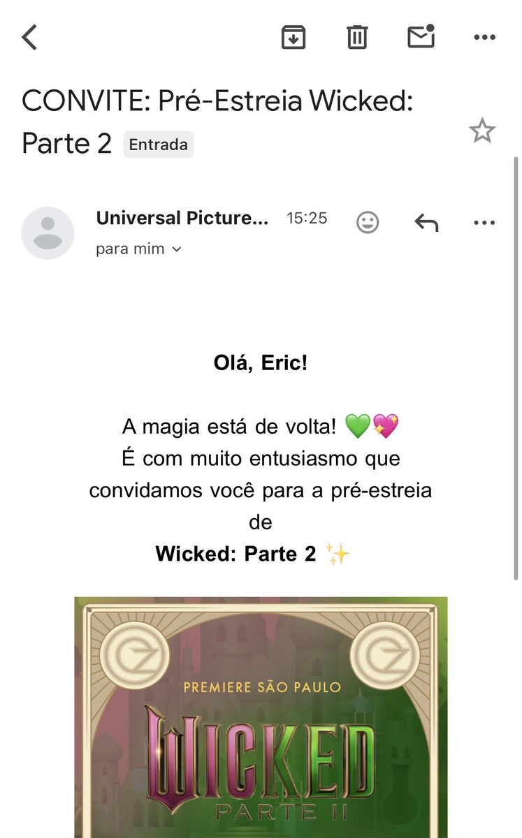 Oliverzinx's tweet image. CHEGOU @wickedmusicalbr EU TE AMO, nos vemos na première Wicked 🥹😭🩷💚✨