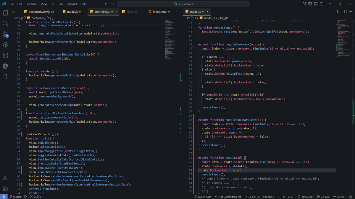 donfttp's tweet image. #Day38
Added hover bookmarking for search results and unbookmarking.
Also added smooth scroll to results after search and back to top when a movie is clicked.
Almost done with the project just fixing a small bug with bookmarks showing the wrong data.
#100DaysOfCode