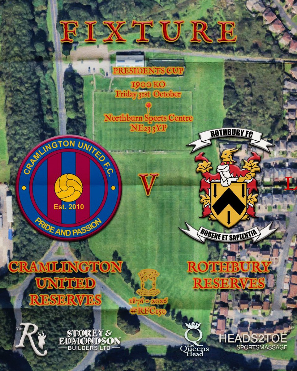𝗙𝗜𝗫𝗧𝗨𝗥𝗘

<a href="/FCRothbury/">Rothbury Football Club</a> v <a href="/wallsendsportin/">Sporting Wallsend FC</a> 

The Reds return to action tomorrow with Sporting Wallsend coming to Armstrong Park in the Combination Cup.

𝗠𝗮𝘁𝗰𝗵 𝗦𝗽𝗼𝗻𝘀𝗼𝗿: Maxim Costs.

🟥🟨

The Reserves visit <a href="/CramlingtonUtd/">Cramlington United</a> Reserves in the Presidents Cup.

#RFC150