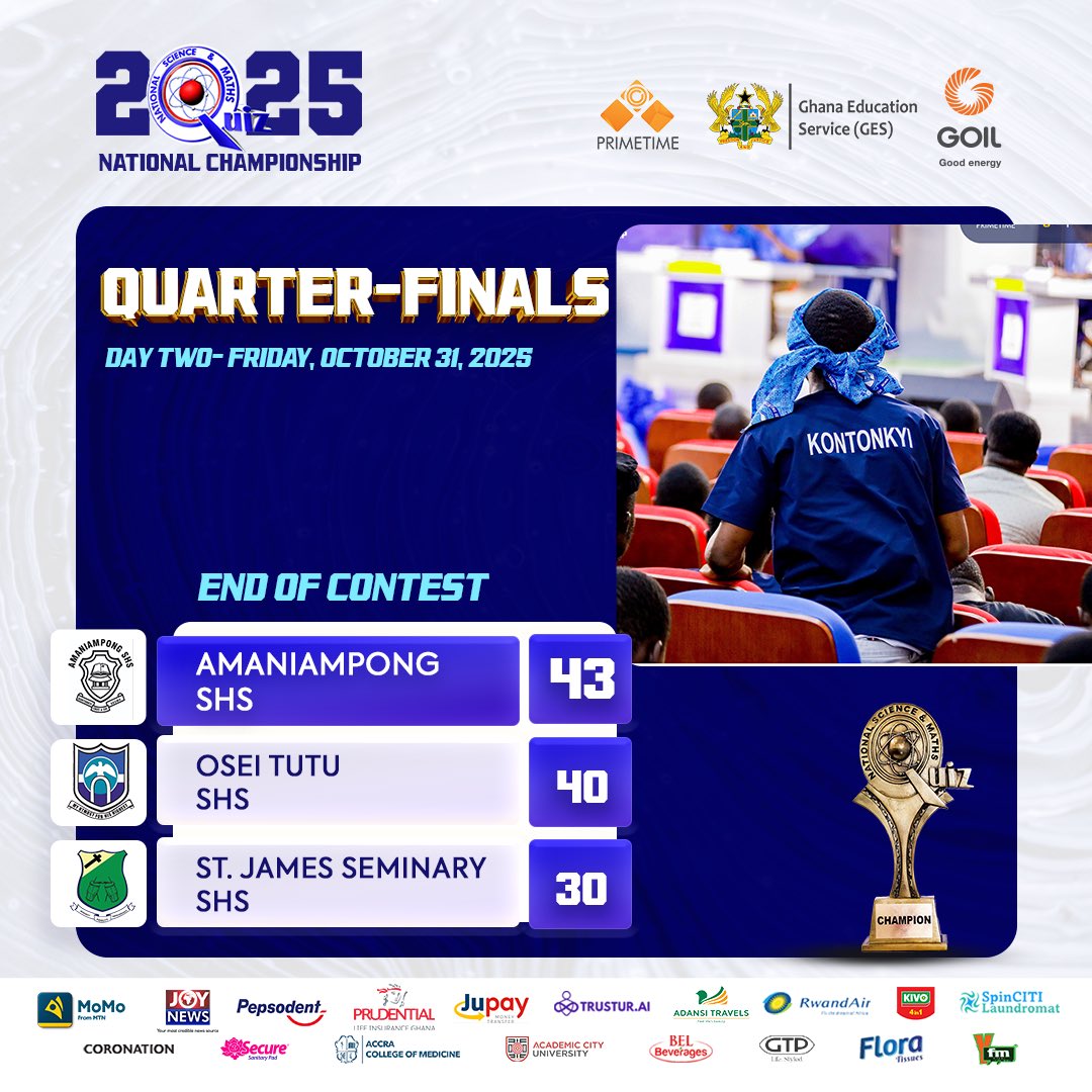 End of #NSMQQuarters Contest 4 score.

#NSMQ2025 #Primetime