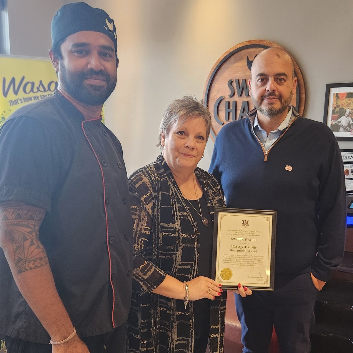 Congratulations to Swiss Chalet in Wasaga Beach on receiving a 2025 Age-Friendly Recognition Award from the County of Simcoe.

These awards celebrate local individuals and organizations that go above and beyond to create welcoming, accessible, and supportive environments for