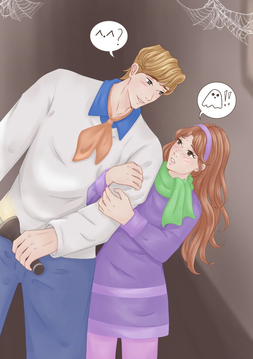 Lutrishiia's tweet image. Halloween dates 🎃👻
Rosie&amp;amp;Aden as Rapunzel&amp;amp;Finn from Tangled 💕
Alice&amp;amp;Lucas as Daphne&amp;amp;Fred from Scooby Doo 💕
It was supposed to be a special episode but I didn't have enough time.😩 I'll add something in better vibe later on. 
#ComicArt #webtoon #illustration #halloweencosplay