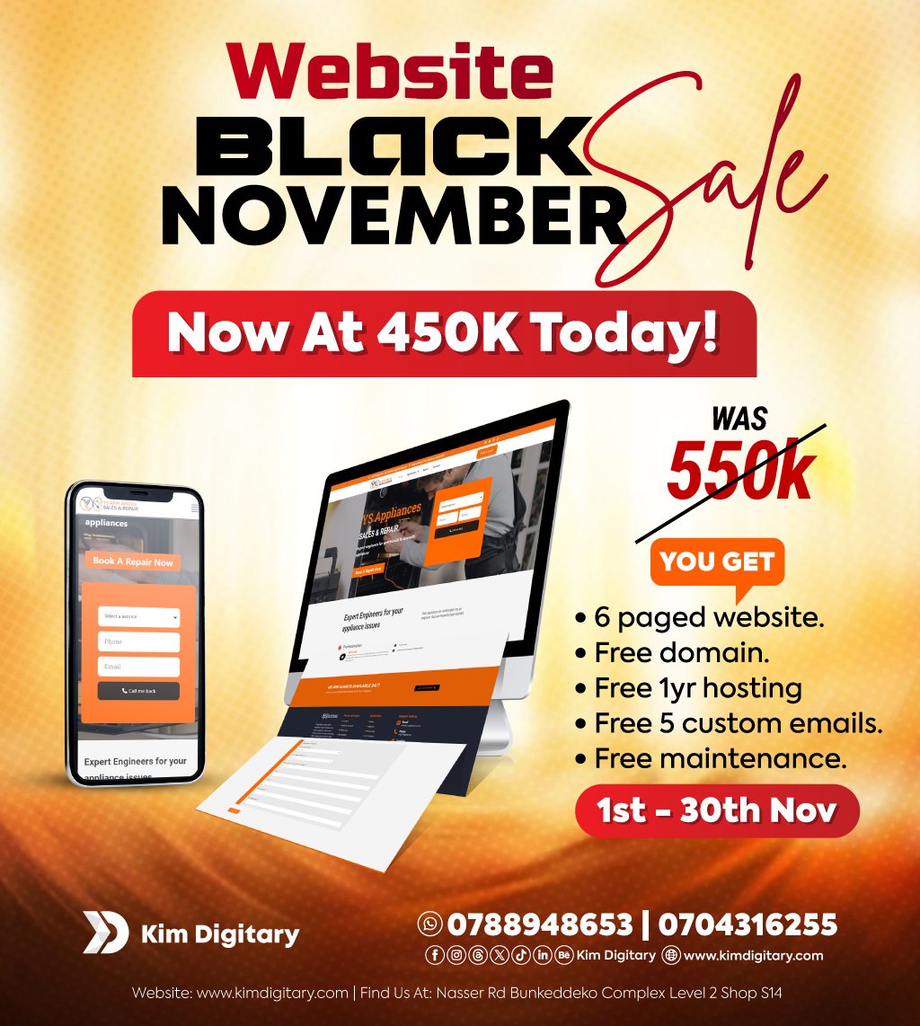 Kimdigitary's tweet photo. 🔥 BLACK NOVEMBER DEAL IS HERE! 🔥
Get your professional website at only UGX 450,000 — down from UGX 550,000! 💻✨

Whether you’re starting a business, showcasing your brand, or growing your online presence — this is your chance to get a sleek, responsive, and SEO-ready website. https://t.co/b8VWdPp7vb