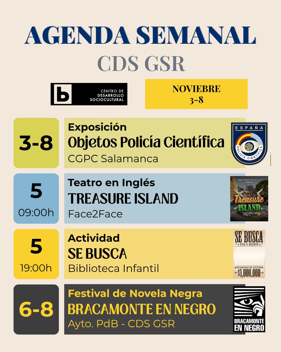 📅 AGENDA CDS GSR | 3-8 nov
Cultura, investigación y misterio 👀
🔍 Exposición Objetos Policía Científica 3-8 nov
🎭 Treasure Island (teatro en inglés) - 5 nov
🧩 Se busca (actividad infantil) - 5 nov
🕵️ Bracamonte en Negro - 6-8 nov
#CulturaPeñaranda #CDSGSR