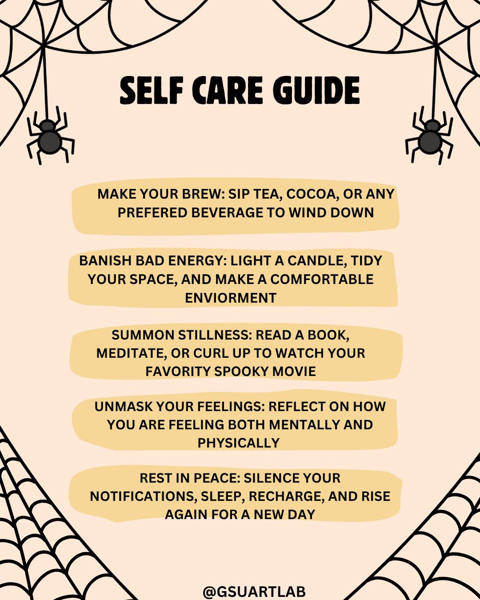 GSUARTLab's tweet image. Staying in this Halloween? That’s not scary, it’s self care! Rest, recharge, and let your peace be the real treat! #mentalwellbeing #mentalhealthawareness #selfcare