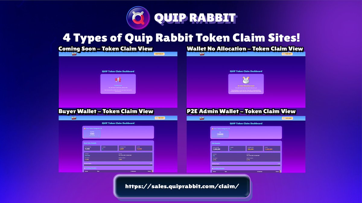 QuipRabbit's tweet image. Quip Rabbit Token Claim Dashboard — 4 Wallet Views Explained! 🐰💎

We&apos;re proud to introduce the official Quip Rabbit Token Claim Dashboard, designed to handle every type of wallet interaction seamlessly and transparently.

We&apos;ve updated the Quip Rabbit Token Claim Dashboard and…