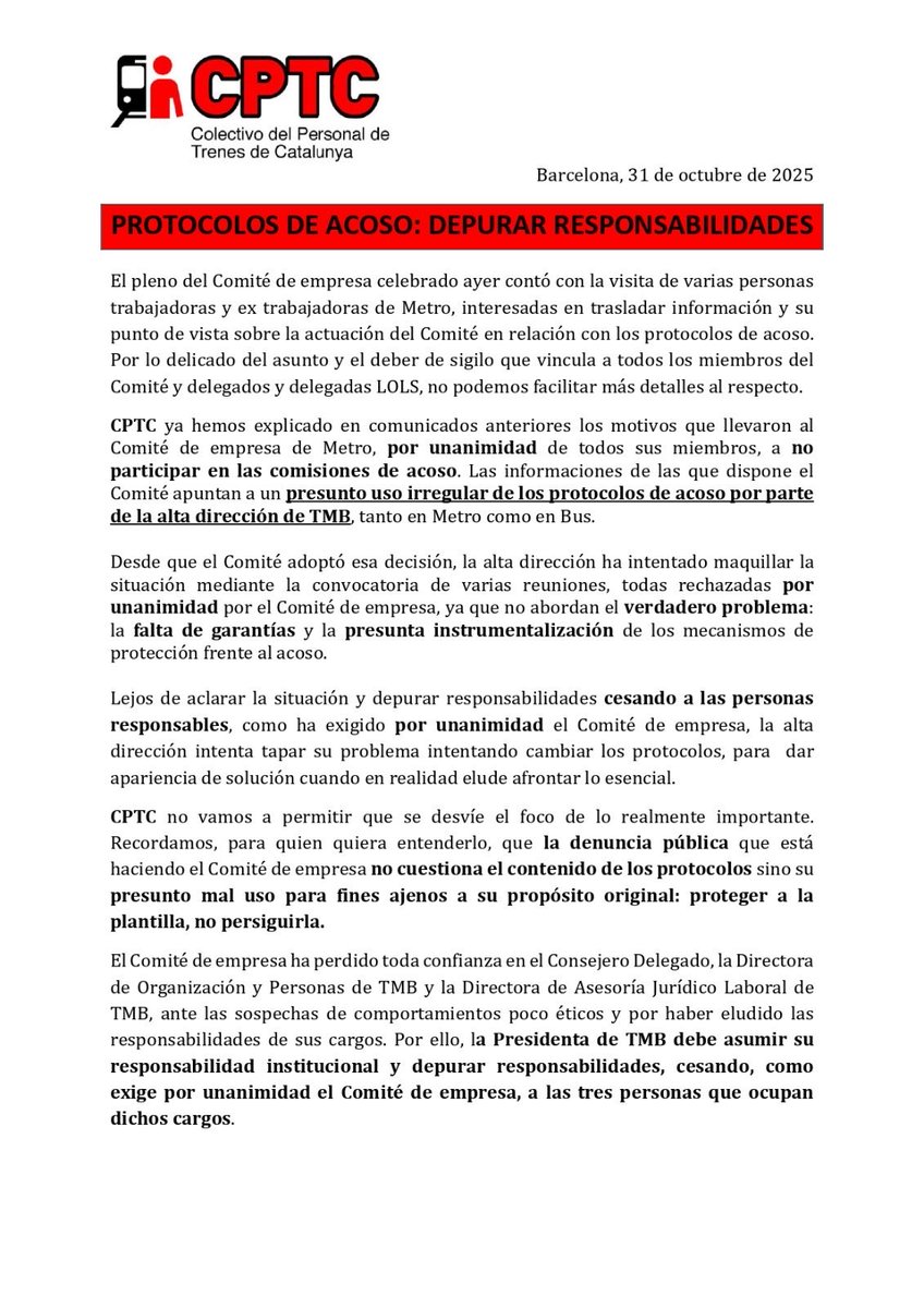 Ha llegado el momento de que se depuren responsabilidades por el uso de los protocolos de acoso. 

La presidenta de TMB debe cesar a las personas responsables de la situación actual. 

#metrobcn #tmb #metro