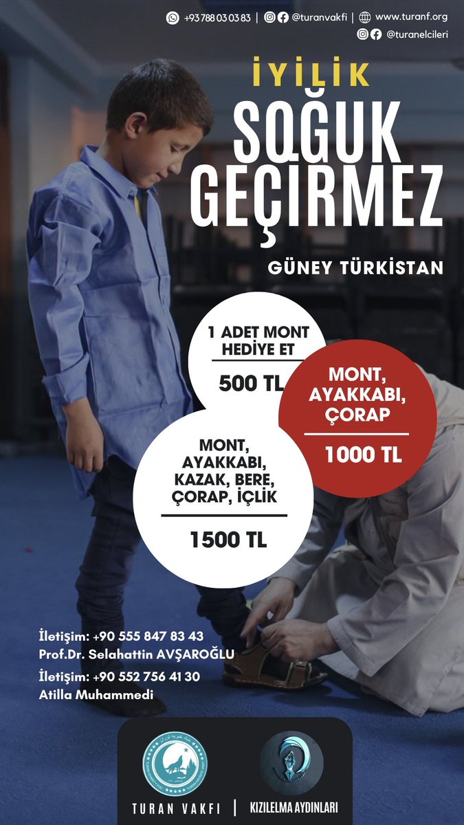 Değerli dostlar, 
Her yıl olduğu gibi bu kış da Güney Türkistanlı balalarımız için kışlık giydirme etkinliği yapacağız. 
Yetim ve öksüzler başta olmak üzere ihtiyacı olan balalarımıza ulaşmak isteyen gönüldaşlarımız özelden bana ulaşmalarını istirham ediyorum. 
Allah razı olsun.