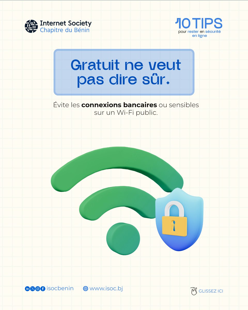 isocbenin's tweet image. Adoptons ensemble les bons gestes pour protéger nos données, nos identités et notre espace numérique. 🔟 Conseils simples, efficaces et à partager autour de vous pour rester en sécurité en ligne.  #ISOCBenin #CyberSecurityMonth #InternetSûr #SécuritéNumérique