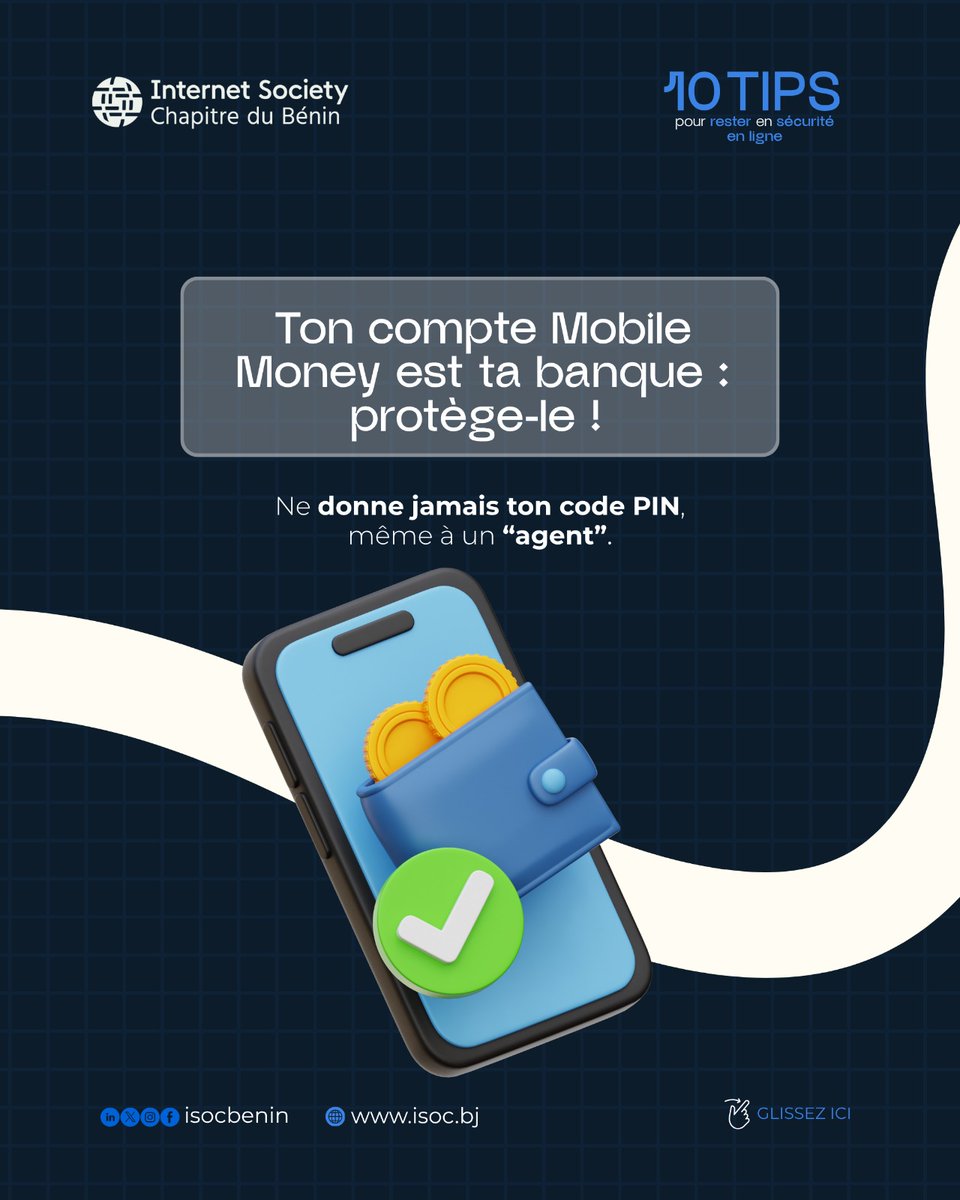 isocbenin's tweet image. Adoptons ensemble les bons gestes pour protéger nos données, nos identités et notre espace numérique. 🔟 Conseils simples, efficaces et à partager autour de vous pour rester en sécurité en ligne.  #ISOCBenin #CyberSecurityMonth #InternetSûr #SécuritéNumérique