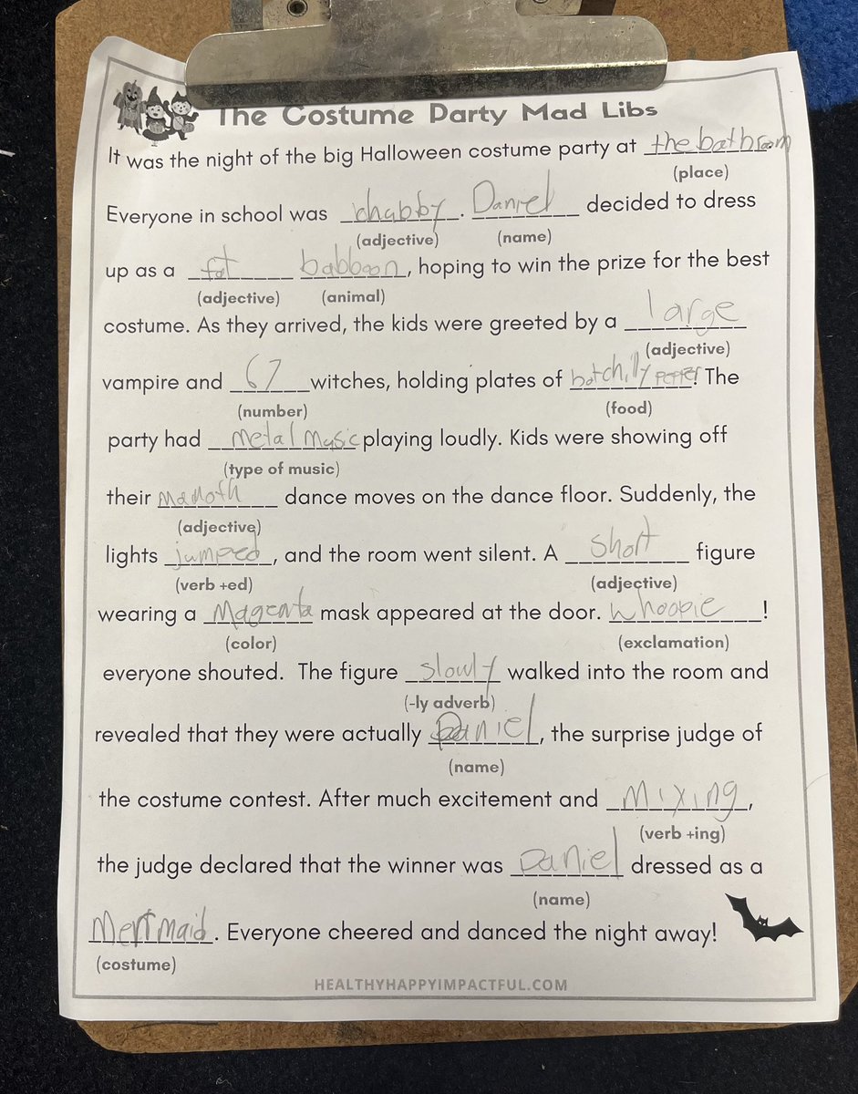 Halloween Mad Libs for the win, practicing parts of speech <a href="/ClosterSchools/">Closter Schools</a>