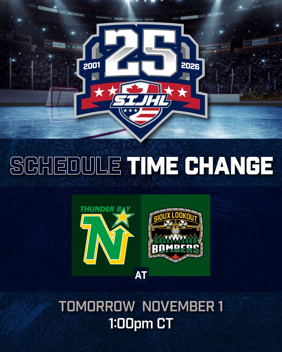 ❗️TIME CHANGE❗️Due to a potential World Series Game tomorrow night, we have flexed the Sioux Lookout and Thunder Bay match up to 1pm CST!