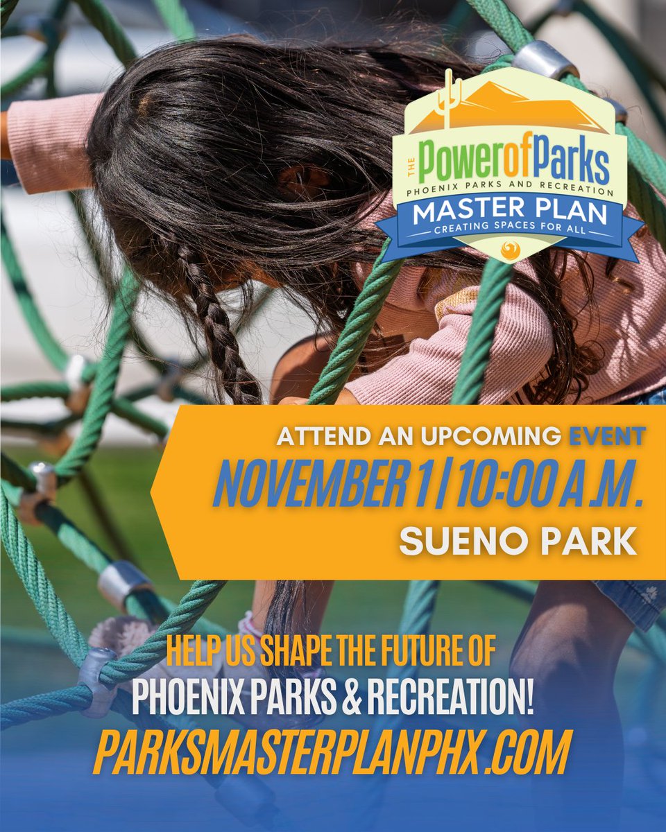 🌳 Help Shape the Future of Phoenix Parks! Join us for the Parks Master Plan community event.
📅 Nov. 1 | 10 A.M.
📍 Sueno Park- 4401 W. Encanto Blvd. Phoenix, AZ, 85035
Be part of the conversation about the future of our parks! Learn more parksmasterplanphx.com 🔗