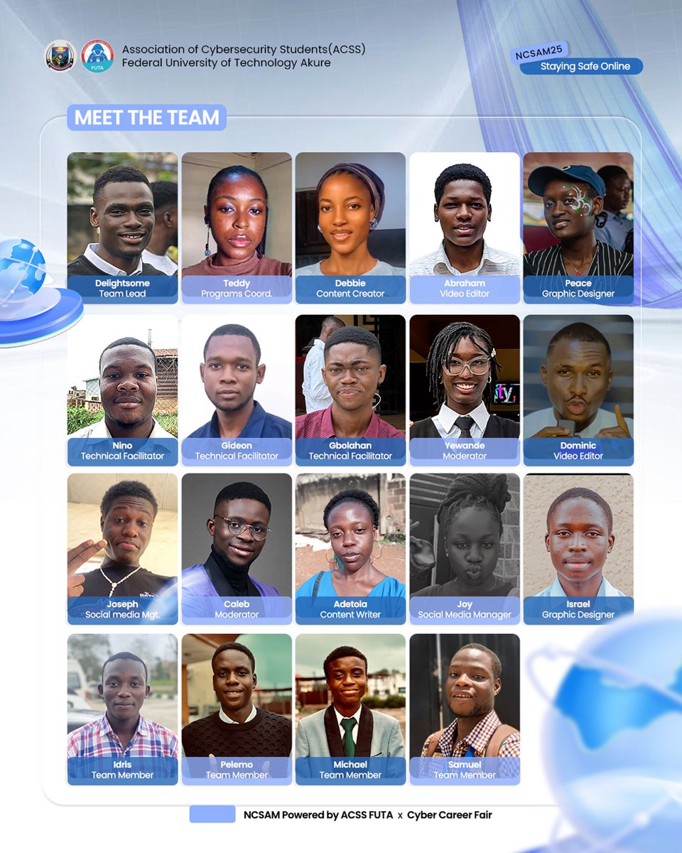 acss_futa's tweet image. 👥 Meet the Team!
Behind every post and challenge this Cybersecurity Awareness Month, is a team passionate about keeping our digital space safe 🔐💪
Together we learn, together we stay secure.
#NCSAM #MeetTheTeam #ACSSFUTA #StaySafeOnline