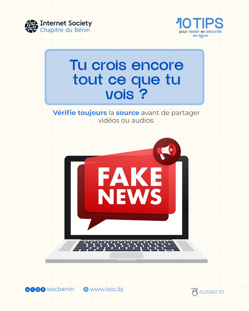 isocbenin's tweet image. Adoptons ensemble les bons gestes pour protéger nos données, nos identités et notre espace numérique. 🔟 Conseils simples, efficaces et à partager autour de vous pour rester en sécurité en ligne.  #ISOCBenin #CyberSecurityMonth #InternetSûr #SécuritéNumérique
