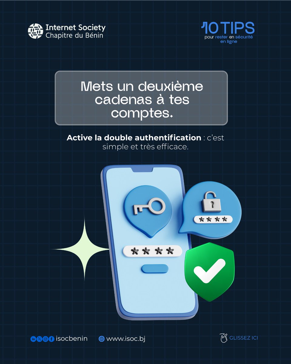 isocbenin's tweet image. Adoptons ensemble les bons gestes pour protéger nos données, nos identités et notre espace numérique. 🔟 Conseils simples, efficaces et à partager autour de vous pour rester en sécurité en ligne.  #ISOCBenin #CyberSecurityMonth #InternetSûr #SécuritéNumérique
