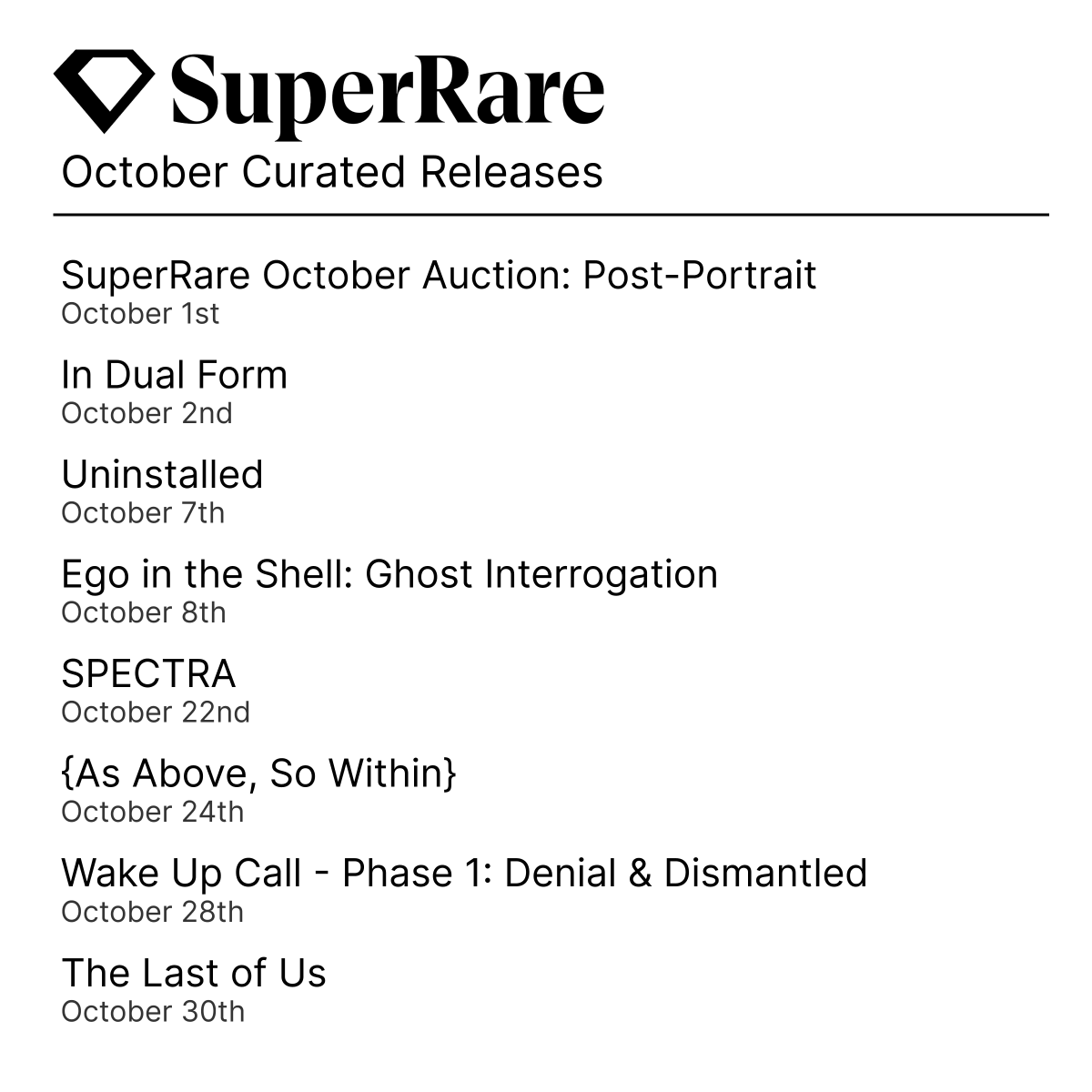 SuperRare's tweet image. SuperRare Curated Releases
In October, we featured releases from @AlexKittoe, @skitchism, @emikusano, @MireyitaStudio, @mindzeye, @agoriamusic, and a guest curation from @tinochchan.
Upcoming: @cemhah, @alexisolinart, @Adamtastic, @Julio_tnim, our November curation Synthetic…