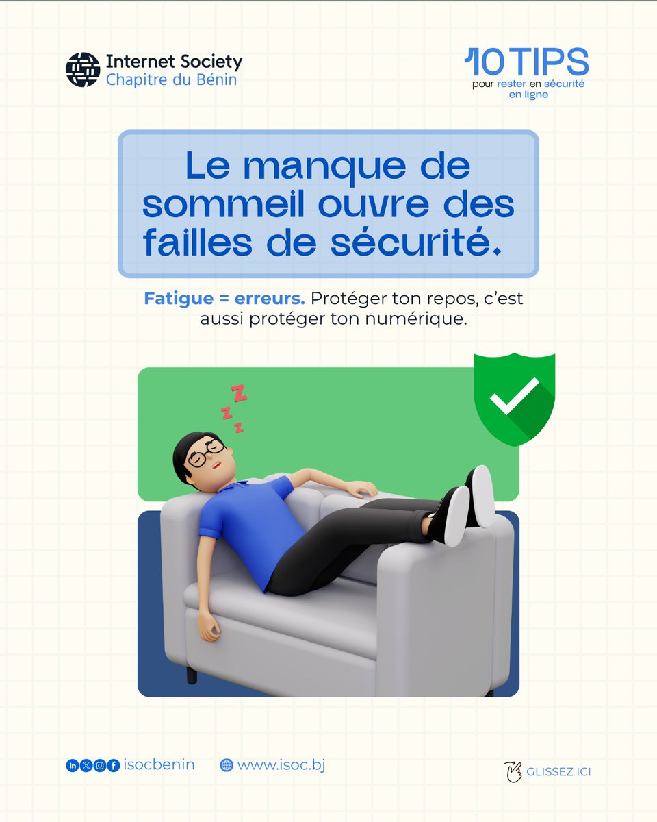 isocbenin's tweet image. Adoptons ensemble les bons gestes pour protéger nos données, nos identités et notre espace numérique. 🔟 Conseils simples, efficaces et à partager autour de vous pour rester en sécurité en ligne.  #ISOCBenin #CyberSecurityMonth #InternetSûr #SécuritéNumérique