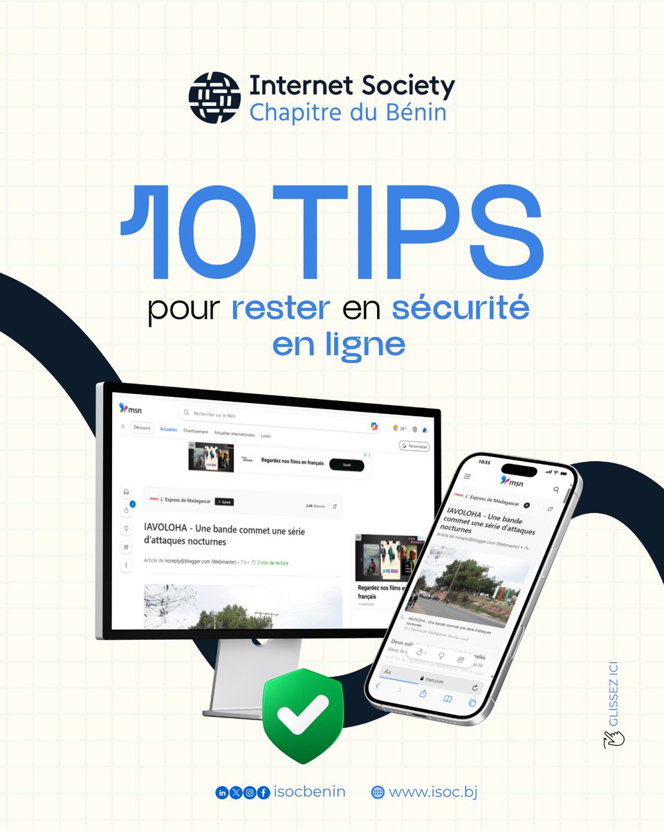 isocbenin's tweet image. Adoptons ensemble les bons gestes pour protéger nos données, nos identités et notre espace numérique. 🔟 Conseils simples, efficaces et à partager autour de vous pour rester en sécurité en ligne.  #ISOCBenin #CyberSecurityMonth #InternetSûr #SécuritéNumérique