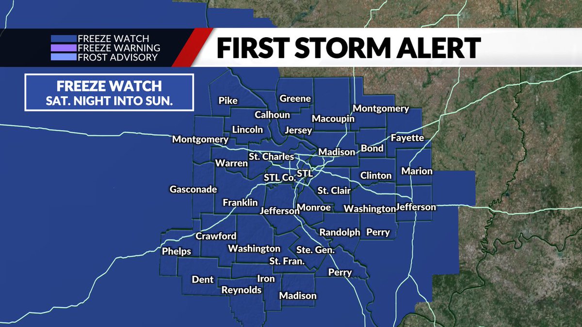FREEZE WATCH for Saturday night into Sunday morning has been expanded to cover the entire region... including metro STL.  Temperatures may drop to near or just above freezing in the city but to or below freezing elsewhere late Saturday night into Sunday AM. @fox2now #stlwx