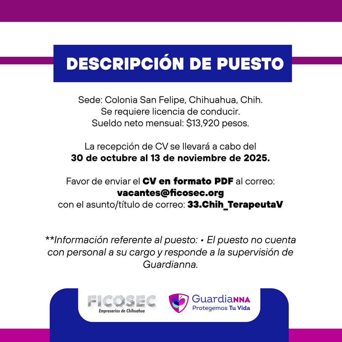 ¿Te interesa el bienestar de #NNA? si eres terapeuta con especialidad en #psicologíaclínica y vives en la cd de #Chihuahua, esta #vacante es para ti. 
Consulta las bases en ficosec.org y envíanos tu #cv antes del 13 de nov., a vacantes@ficosec.org