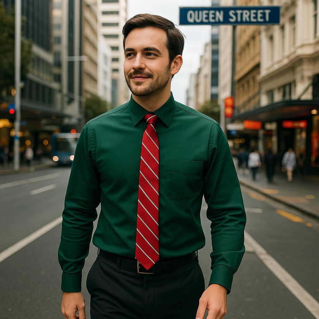men_mode's tweet image. Forest green &amp;amp; bold red — the color of confidence on Queen Street 🌆
#LaModeMens #Menswear #StyleGuide #Auckland