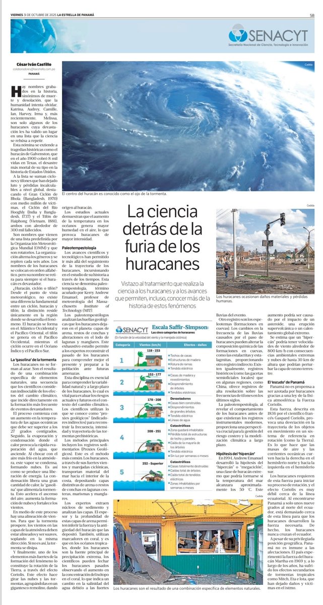 🔬💡 Conoce más sobre La ciencia detrás de la furia de los huracanes hoy en nuestra página de #ciencia en la Estrella de Panamá   @laestrellaonline   👉 laestrella.com.pa/vida-y-cultura…
#DivulgaciónCientífica #CambioClimático #Huracanes #SenacytPanamá