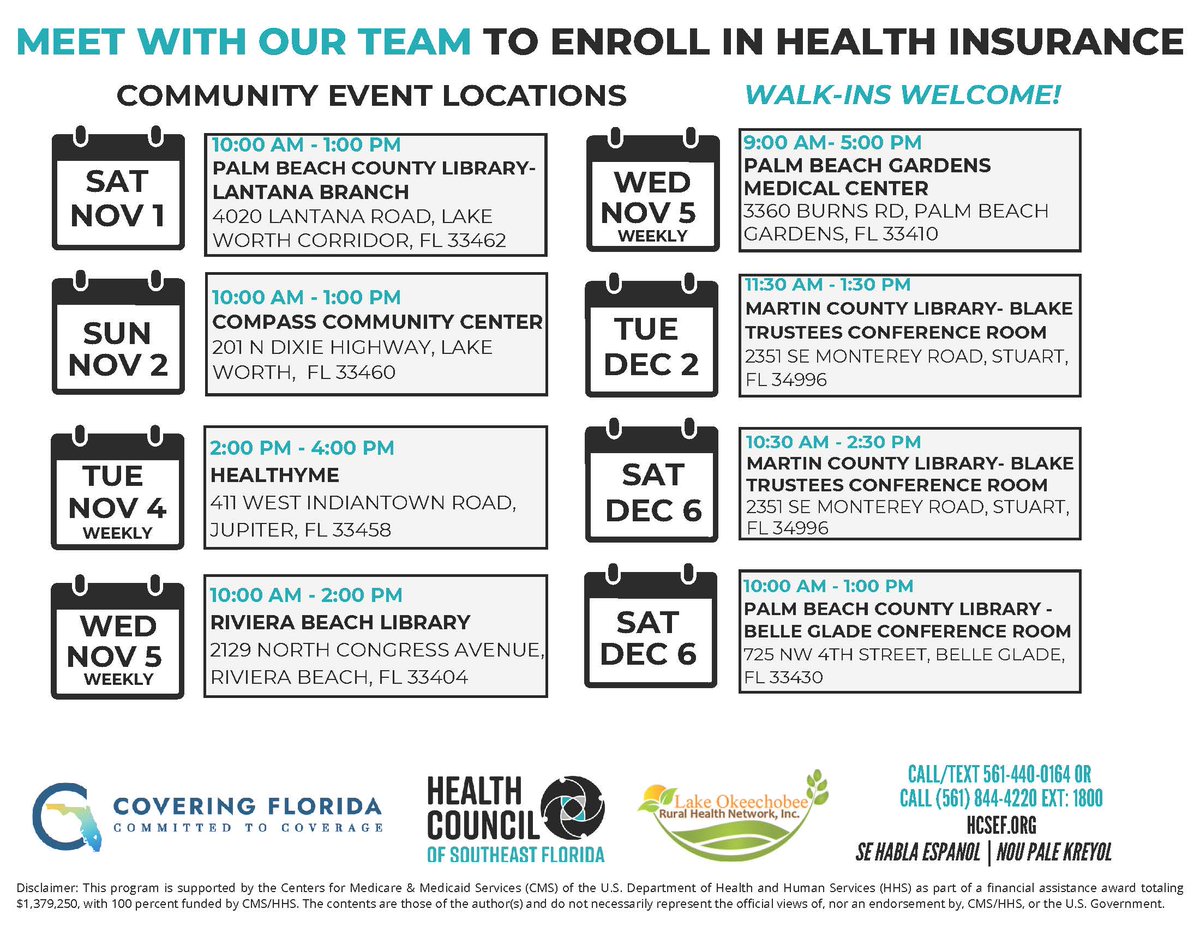 HCSEF's tweet photo. Need Help with Health Insurance? Call or visit one of the locations for Navigators to help you.  Navigators will be at the Palm Beach County Library-Lantana Branch on Saturday, November 1st from 10:00 am - 1:00 pm. Walk-ins are welcome! https://t.co/45r1PJPn1T
