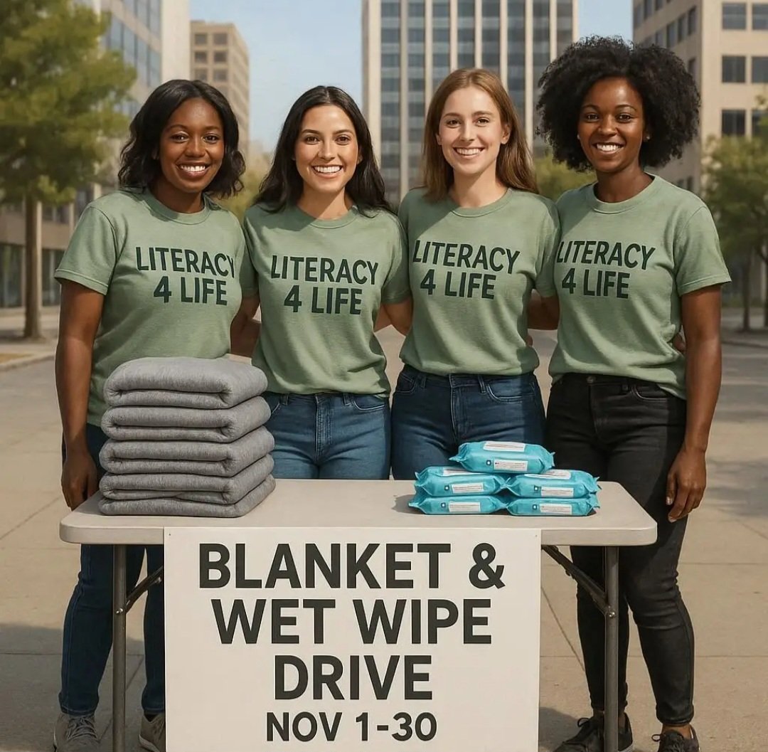 Literacy4LifeTx's tweet photo. Help keep Houston’s homeless warm this winter! Literacy 4 Life, TX. is collecting blankets and wet wipes to distribute in December. Please donate to help our brothers and sisters. 
https://t.co/u2xkSJ0310 to donate!! #HoustonCares #GiveWarmth https://t.co/X34fkeXeOK