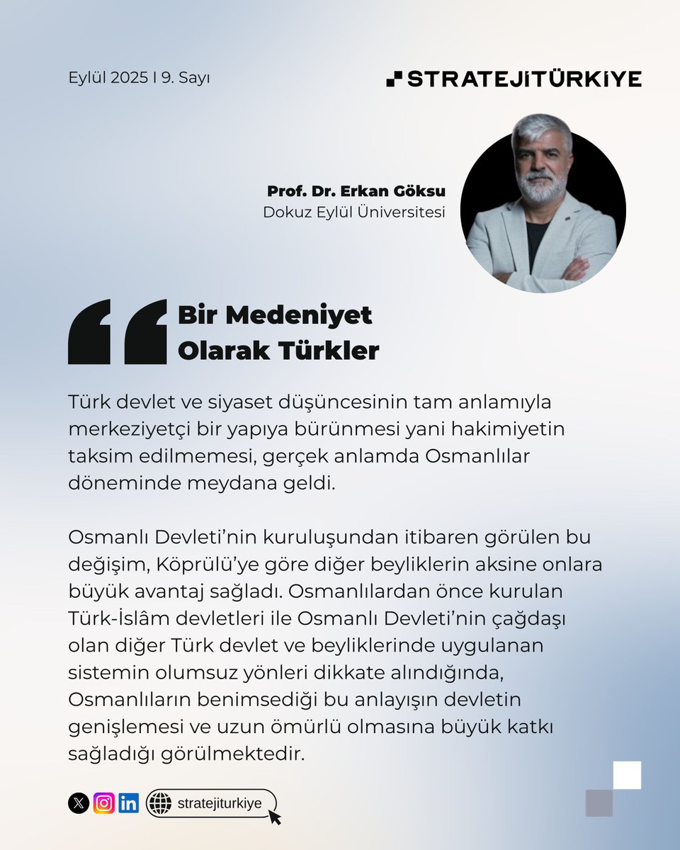 "Bir Medeniyet Olarak Türkler"

🖊️ Prof. Dr. Erkan Göksu (<a href="/erkangoksu1/">Erkan Göksu</a>), kaleme aldı.

🔗 Yazıya ulaşmak için internet sitemizi ziyaret edebilirsiniz: stratejiturkiye.com/gorus/bir-mede…