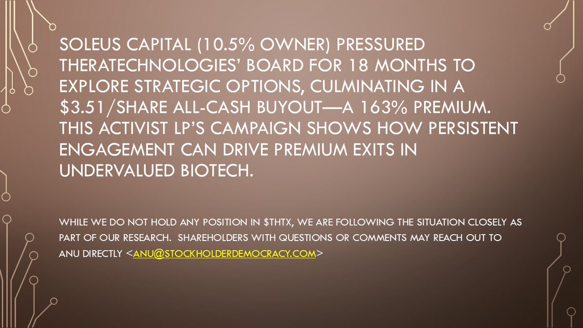 Soleus Capital’s Activism Delivers a Premium Takeout for Theratechnologies $THTX

Theratechnologies  Inc. is a specialty biopharmaceutical company focused on  commercializing innovative therapies primarily for people living with  HIV, along with a pipeline targeting NASH and