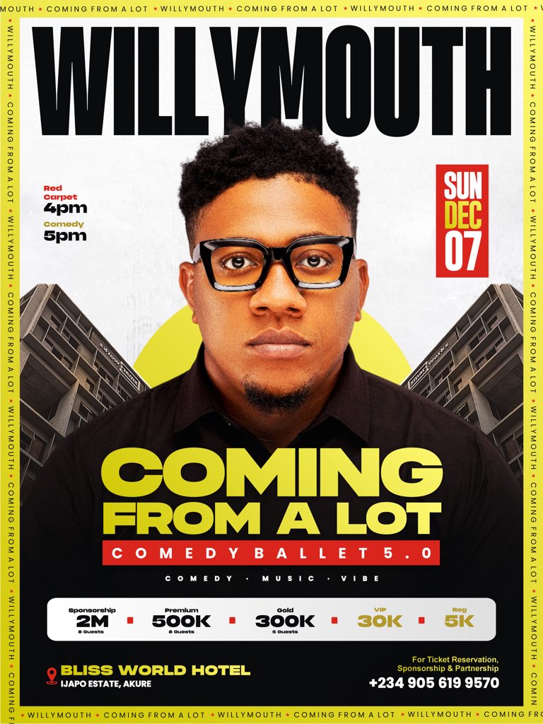 sharpwilymouth's tweet photo. COMINGz FROM A LOT : life Hit Hard , I Hit Back Funnier 😂😂😂 🔥💯💯 Dec 7th , Bliss world Akure—— SKIP THERAPY , laugh is GUARANTEED ✅✅💯🫶 @YemieFash #comedy #fun #fyp https://t.co/6pZt39k4y5