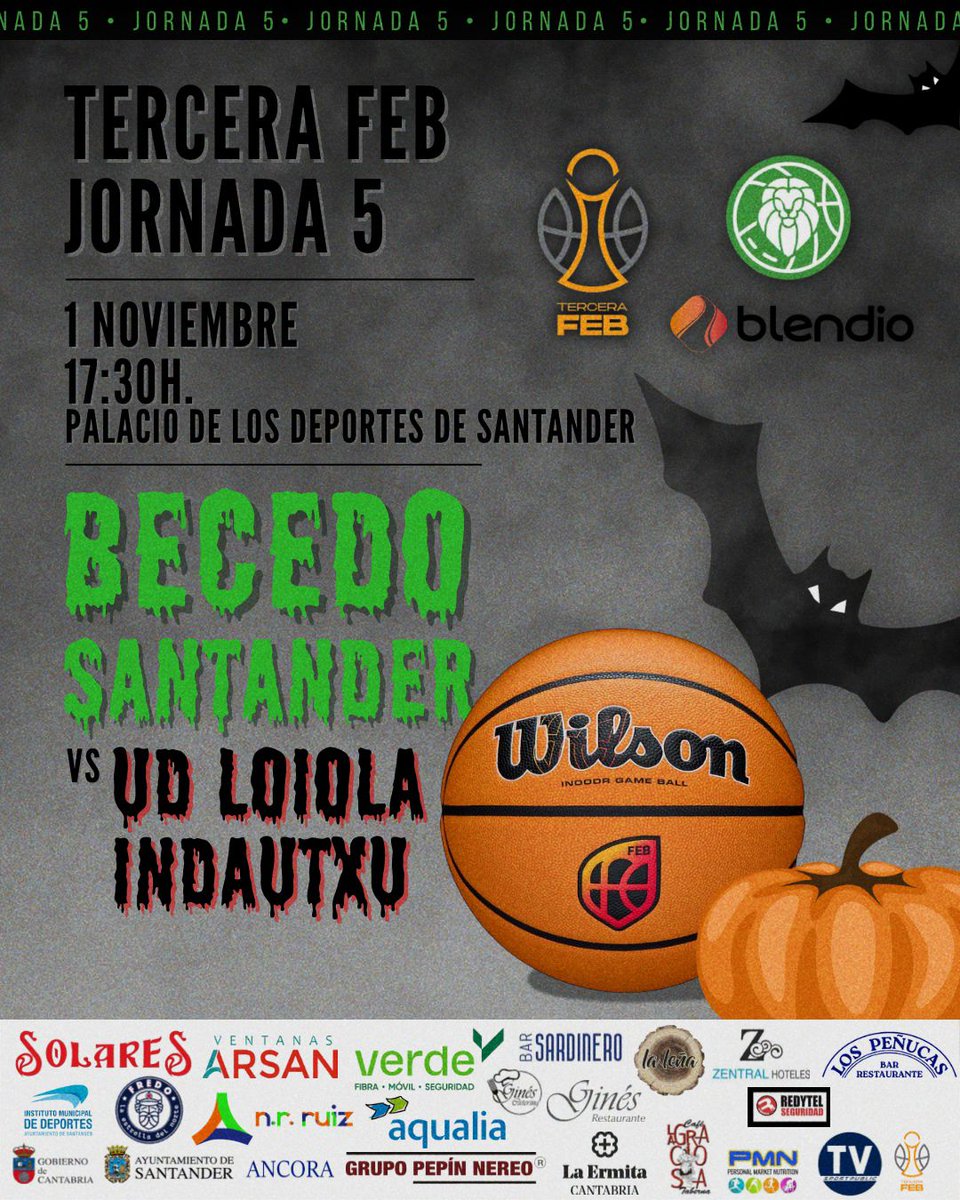 🎃 El cartel de este partido es un tanto especial 👻

🏆 Tercera FEB. Jornada 5
🆚 <a href="/loiolabasket/">LOIOLA INDAUTXU BASKET</a>
🗓️ Sábado 1 de noviembre
🕠 17:30
📍 Palacio de Deportes (Santander)
📝 Previa: becedo.com/blendio-inaugu…
📺 Streaming: youtube.com/live/bI4TvIvT-…
📊 Estadísticas: baloncestoenvivo.feb.es/partido/2487063