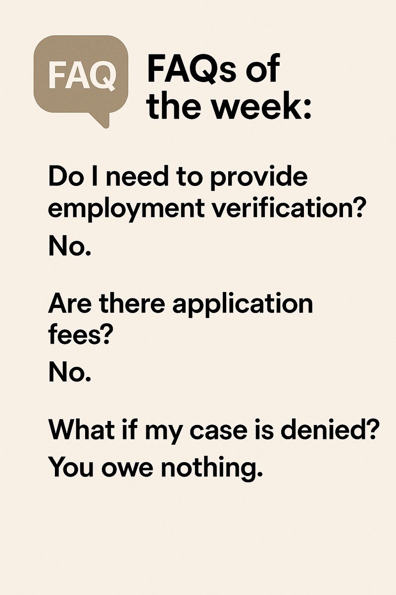 CLFunding's tweet image. 🔍 FAQs of the week: 
• Do I need to provide employment verification? No. 
• Are there application fees? No. 
• What if my case is denied? You owe nothing. 
Apply free 24/7 or call (800) 922-7439. 

#FAQFriday #CLF #LegalFunding