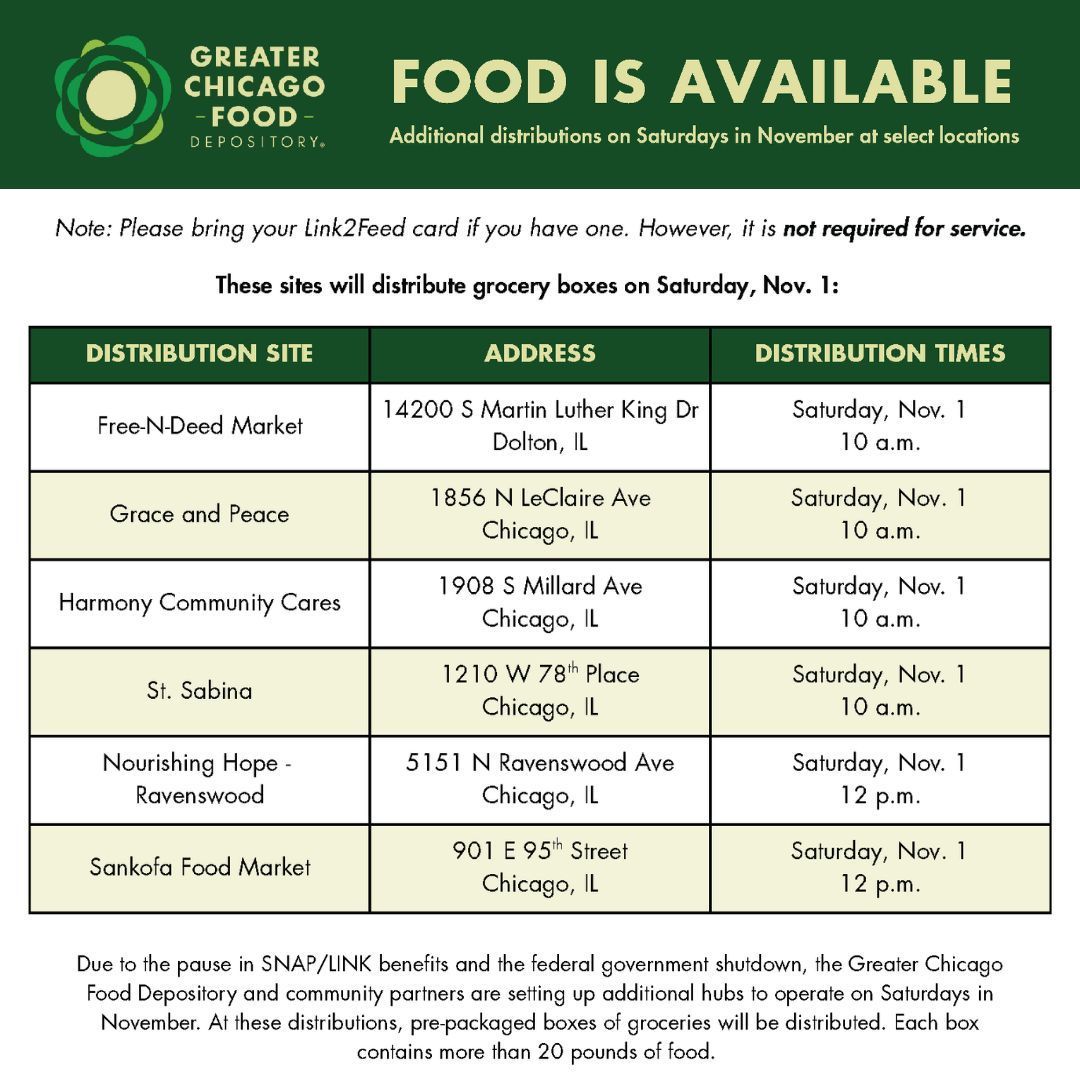 RepRobinKelly's tweet image. Families waiting on SNAP can still get help.
 
The @FoodDepository is setting up extra food distribution sites every Saturday in November, offering prepacked grocery boxes for those who need support.

Food banks are stepping up, but it’s not enough. President Trump needs to…