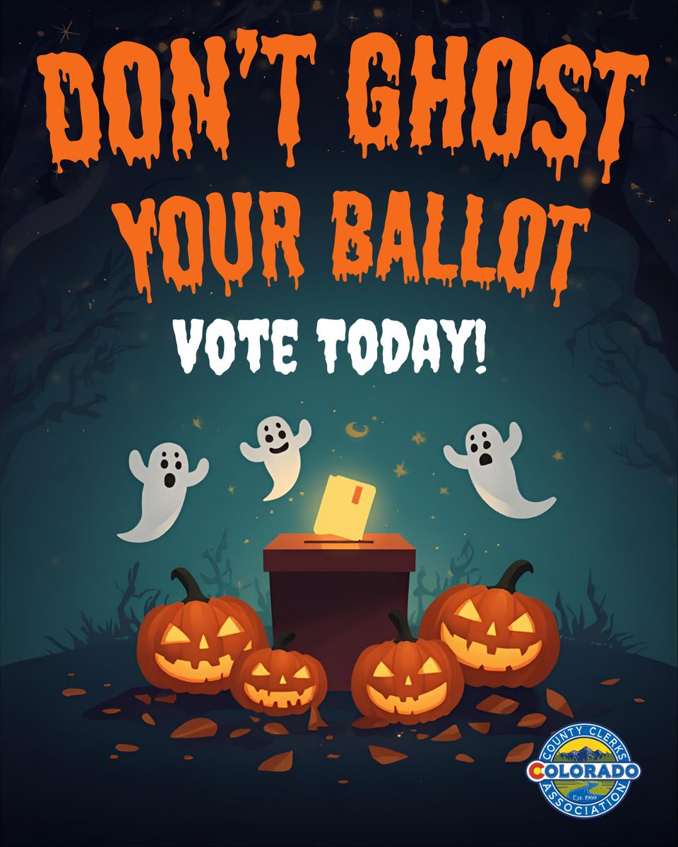 CoCtyClerks's tweet photo. 👻 Don’t ghost your ballot — vote today!
Drop it off at an official ballot drop box or vote in person before the deadline.

🗳 Find your nearest location: https://t.co/QZCswTb7sE

¡No desaparezcas sin votar! 👻
¡Entrega tu boleta hoy mismo!
Déjala en un buzón oficial de entrega de boletas o vota en persona en un Centro de Servicios al Elector y de Votación.

🗳 Encuentra tu lugar más cercano:
https://t.co/QZCswTb7sE