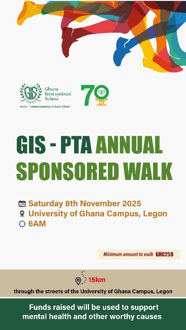 The countdown is on! 
Join us on Saturday, 8th November 2025 at the University of Ghana, Legon Athletics Oval for the 52nd GIS-PTA Sponsored Walk as we celebrate 70 years of excellence!
6:00 a.m. sharp — Let’s walk together! 
#GISWalks #GISat70 #GISPTA