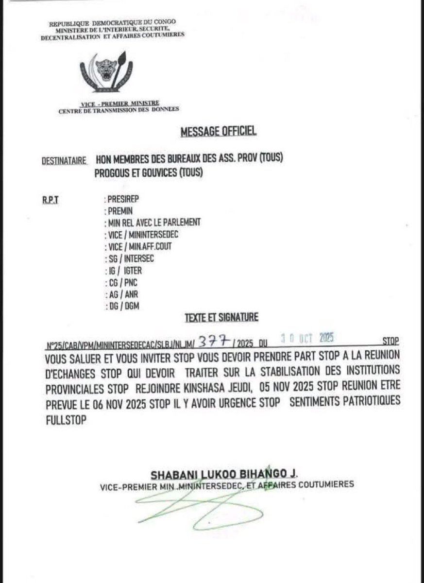 S.E.M. le Ministre <a href="/shabani_lukoo/">SHABANI Lukoo J.</a> , les principes de « bonne gouvernance », de « libre administration des provinces » et d’« orthodoxie financière » ne vous disent rien?

Sans parler de son opportunité, la convocation d’une nouvelle réunion le 5 novembre avec les 26 gouverneurs,