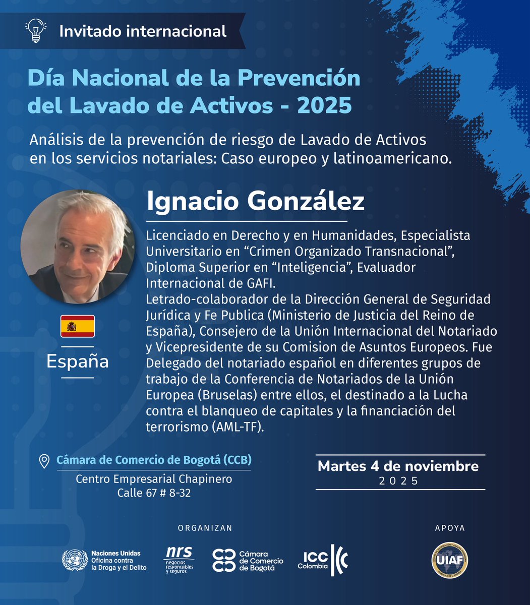 #InvitaciónEspecial

Conoce a nuestro invitado internacional Ignacio González, quien será parte de la conmemoración en el Día Nacional de la Prevención del Lavado de Activos en #Colombia 🇨🇴

Te invitamos a registrarte aquí: bit.ly/432tkfK