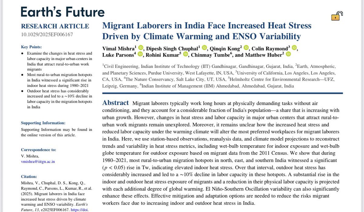 Excited to share our recent work on “Migrant Laborers in India Face Increased Heat Stress Driven by Climate Warming and ENSO Variability” published in Earth's Future. <a href="/vmishraiit/">Vimal Mishra</a> 

Read full paper here: lnkd.in/dWDaY2bT